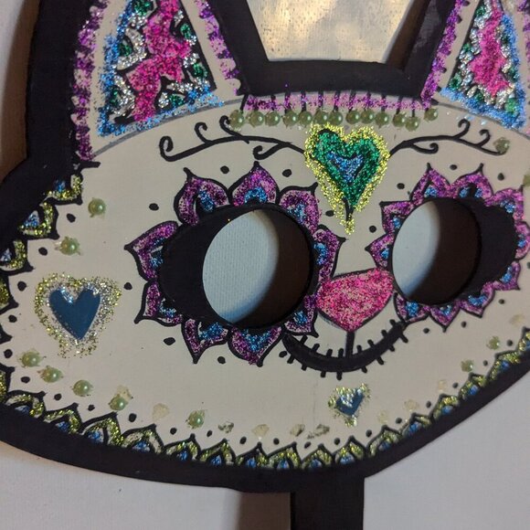OOAK Sugar Skull Cat Halloween Wood Mask Muertos Artist Masquerade Costume DDLM - Picture 7 of 13